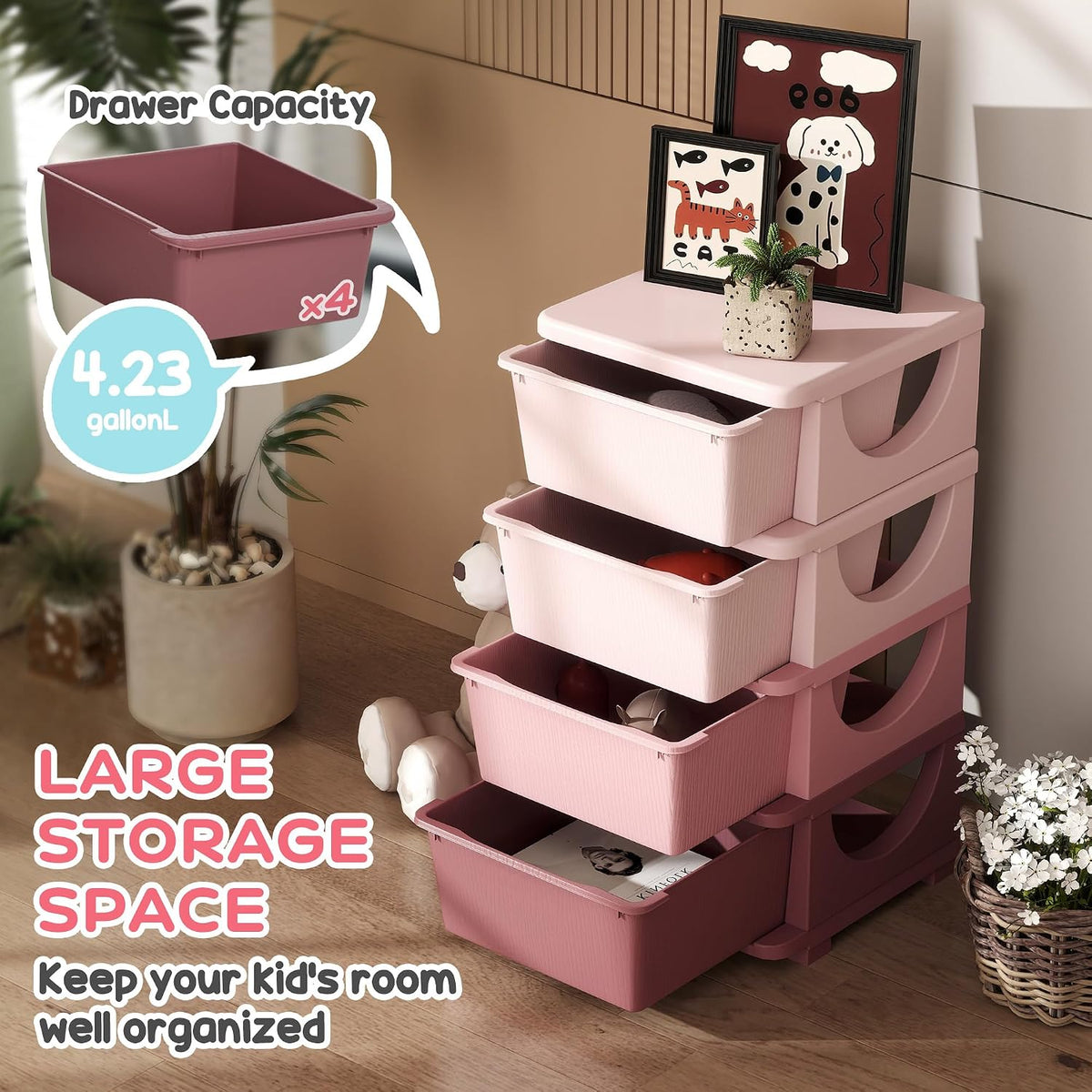 4 Drawers Kids Storage Unit 4 Tier Toy Organizers Pink