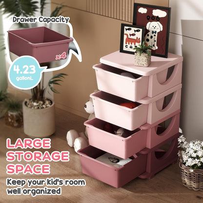 4 Drawers Kids Storage Unit 4 Tier Toy Organizers Pink