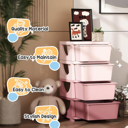4 Drawers Kids Storage Unit 4 Tier Toy Organizers Pink