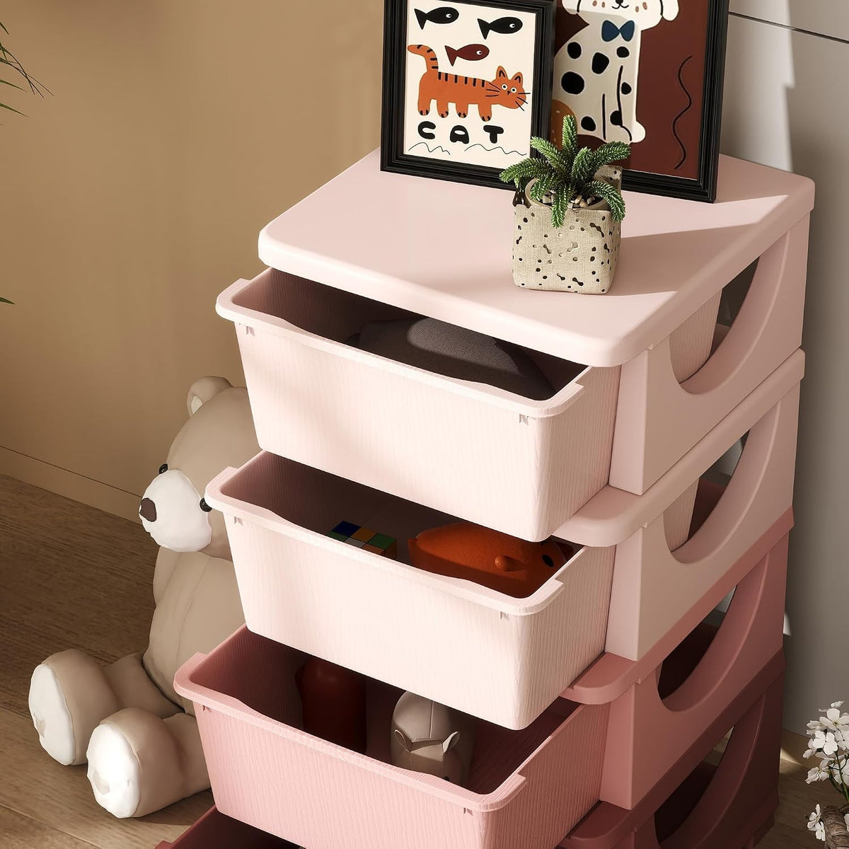 4 Drawers Kids Storage Unit 4 Tier Toy Organizers Pink