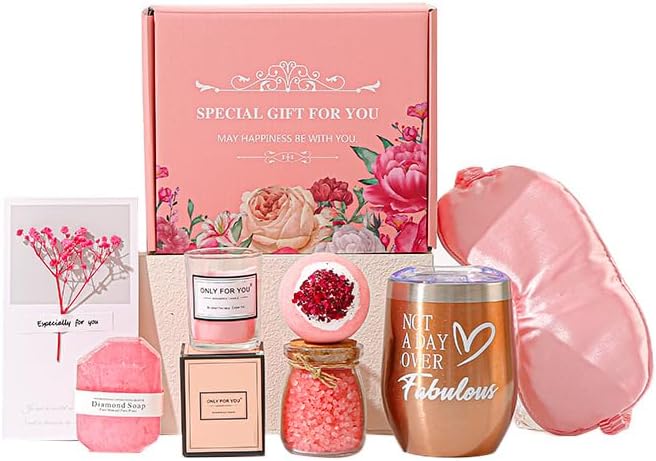 Spa Gift Set for Women, Pink Theme, Includes Blanket, Tumbler, Candle, Bath Salts, Soap, Eye Mask, Socks, Greeting Card, Birthday Gift Box (Lychee powder)