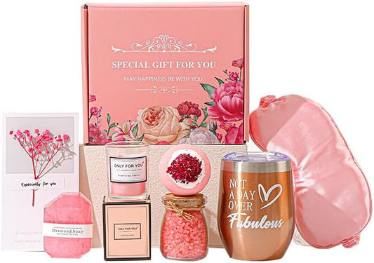 Spa Gift Set for Women, Pink Theme, Includes Blanket, Tumbler, Candle, Bath Salts, Soap, Eye Mask, Socks, Greeting Card, Birthday Gift Box (Lychee powder)