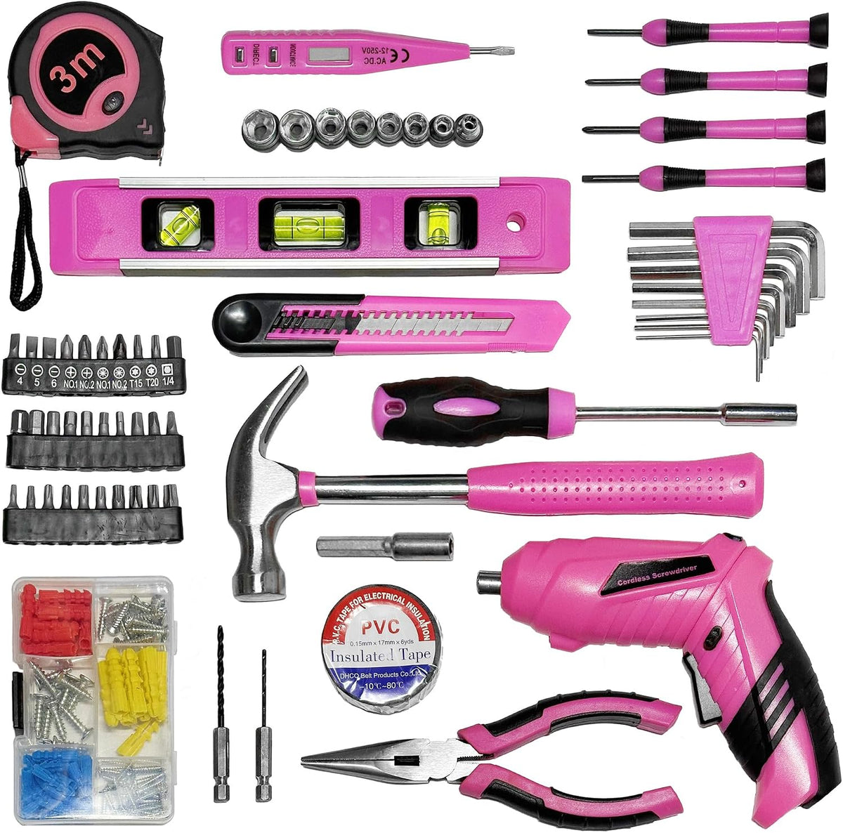 Pink Toolbox Essentials for Women Girls Starter DIY Drilling Kit with Cordless Power Tools, Electric Drill, Hammer, Screwdriver Sets, Mini Hand Tools, and Combo Bits for Home Repair Household Gift