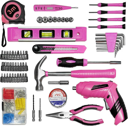 Pink Toolbox Essentials for Women Girls Starter DIY Drilling Kit with Cordless Power Tools, Electric Drill, Hammer, Screwdriver Sets, Mini Hand Tools, and Combo Bits for Home Repair Household Gift