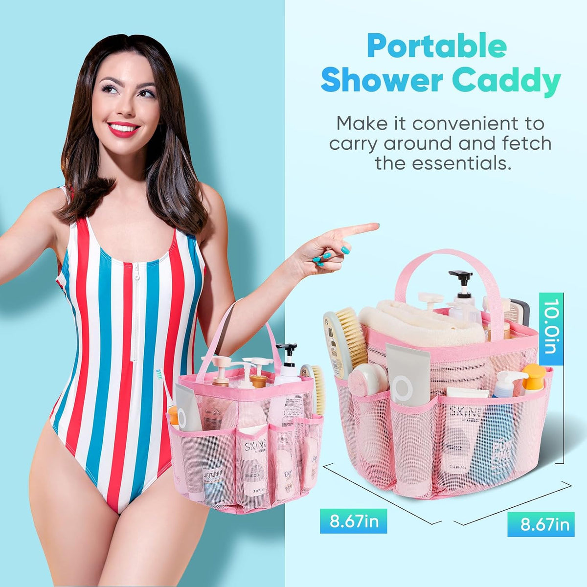 Mesh Shower Caddy Portable for College Dorm Room Essentials,Portable Shower Caddy Dorm with 9-Pocket Large Capacity, Shower Bag for Beach, Swimming, Gym, Travel essentials, Pink