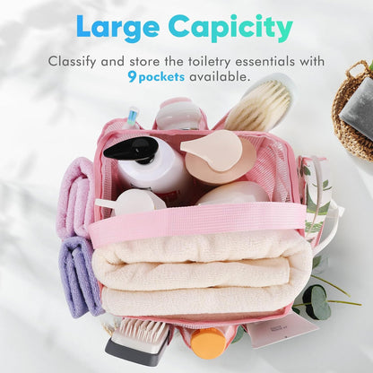 Mesh Shower Caddy Portable for College Dorm Room Essentials,Portable Shower Caddy Dorm with 9-Pocket Large Capacity, Shower Bag for Beach, Swimming, Gym, Travel essentials, Pink