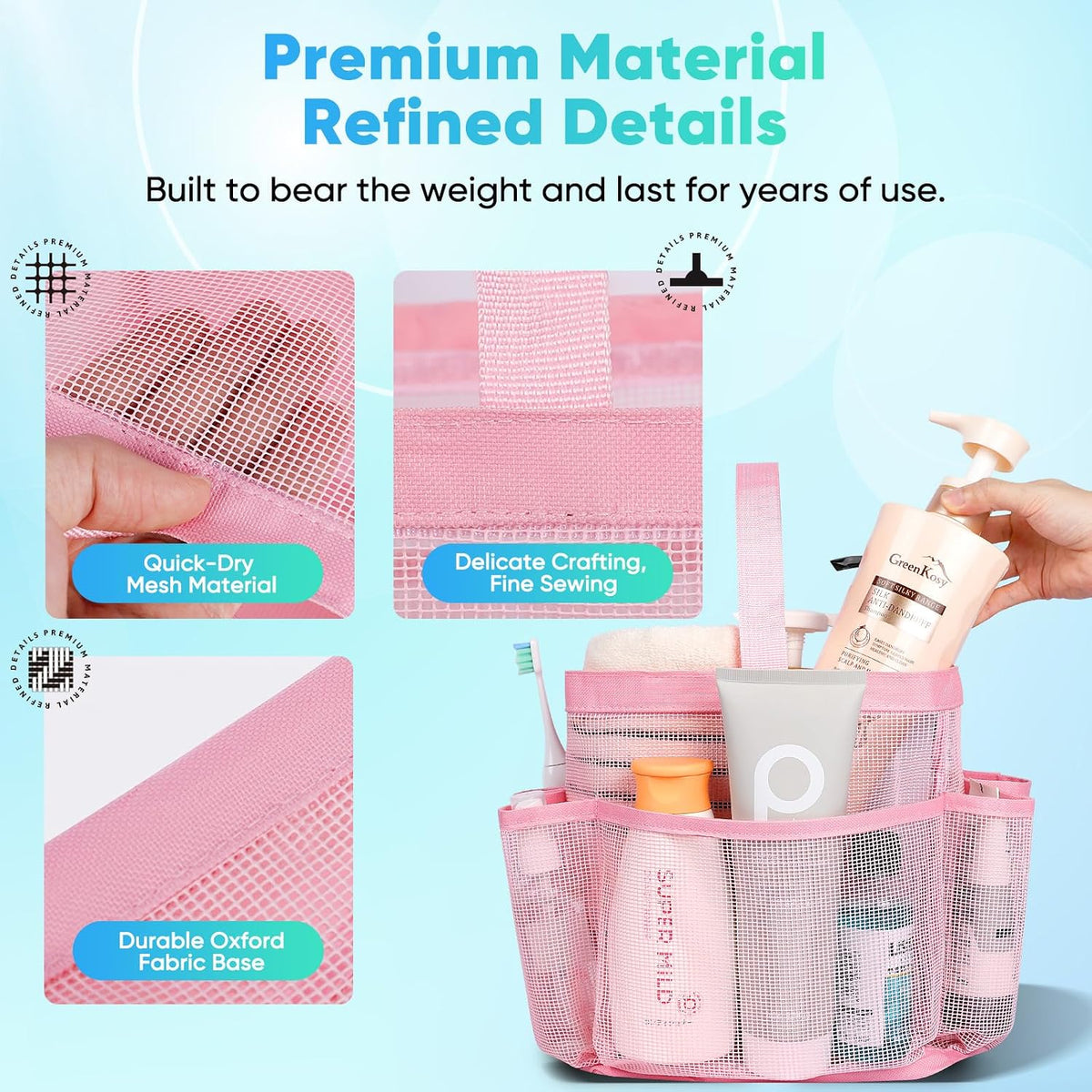 Mesh Shower Caddy Portable for College Dorm Room Essentials,Portable Shower Caddy Dorm with 9-Pocket Large Capacity, Shower Bag for Beach, Swimming, Gym, Travel essentials, Pink