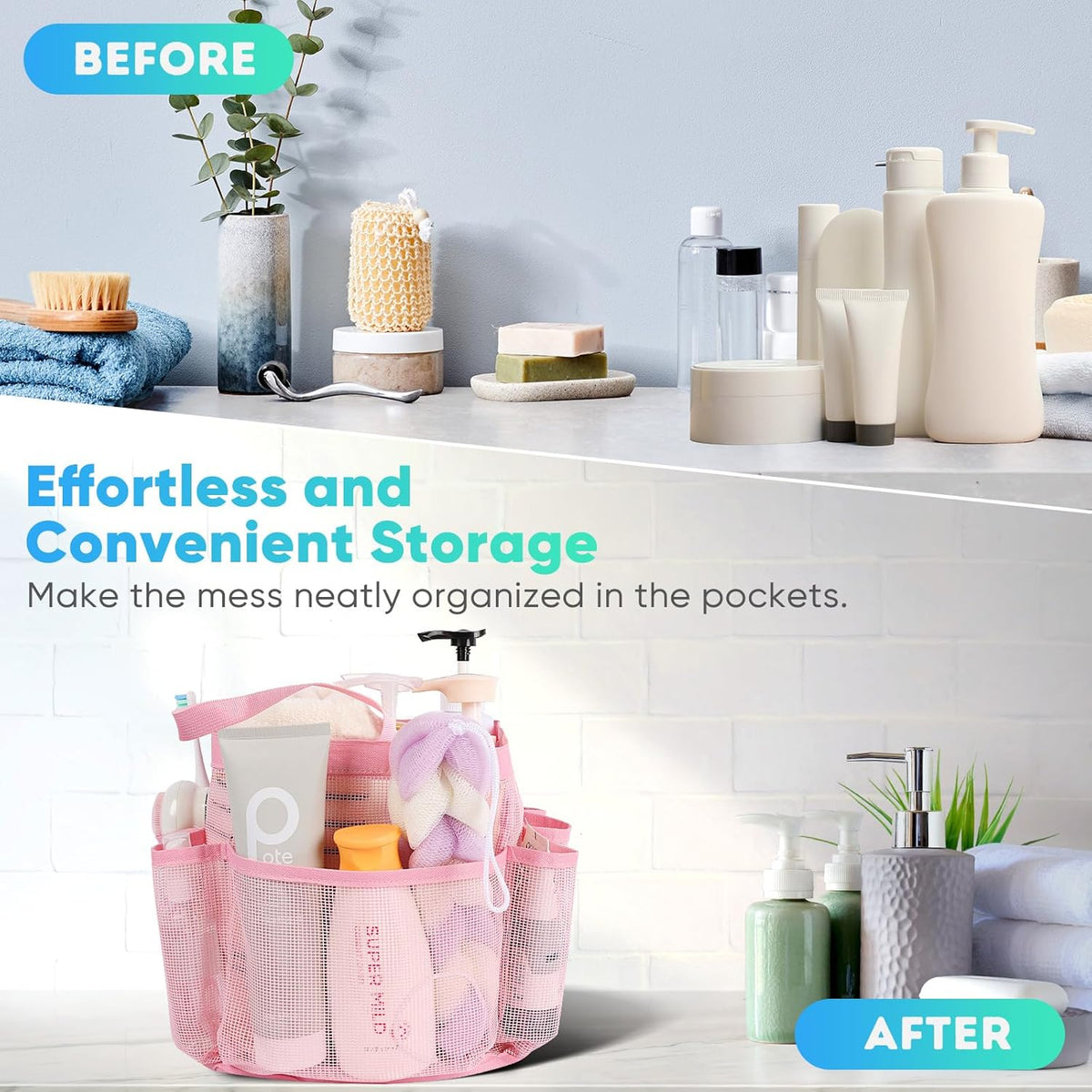 Mesh Shower Caddy Portable for College Dorm Room Essentials,Portable Shower Caddy Dorm with 9-Pocket Large Capacity, Shower Bag for Beach, Swimming, Gym, Travel essentials, Pink
