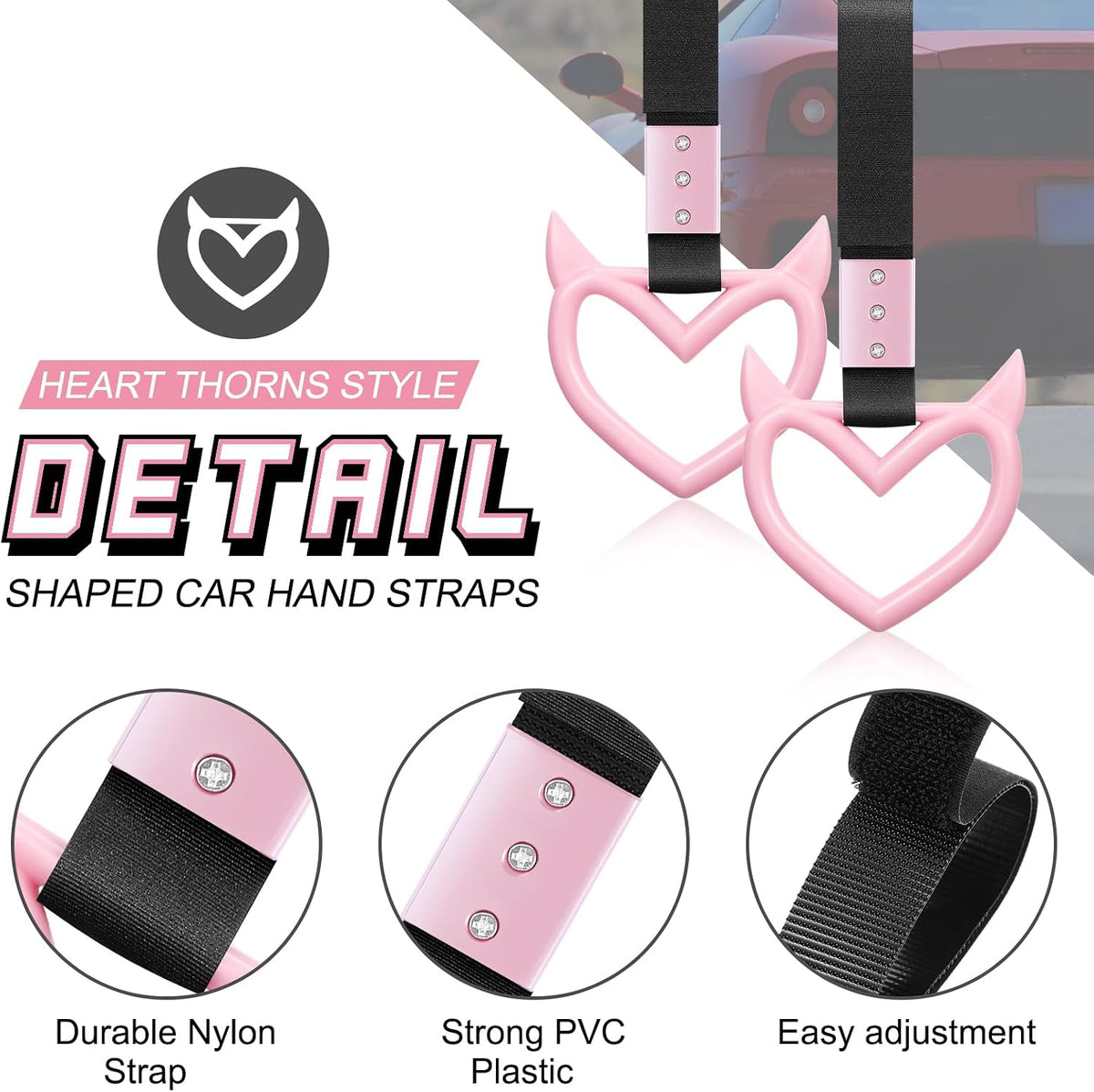 2 Pieces Heart Handle Keychains Car Accessory Heart Hand Strap Drift Charm for Car Interior Exterior Decoration(Pink,Devil Style)