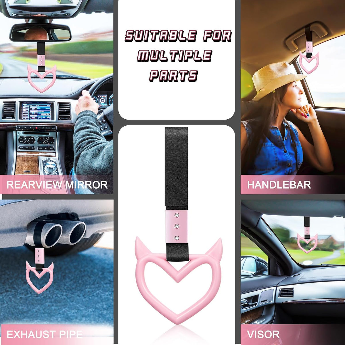2 Pieces Heart Handle Keychains Car Accessory Heart Hand Strap Drift Charm for Car Interior Exterior Decoration(Pink,Devil Style)