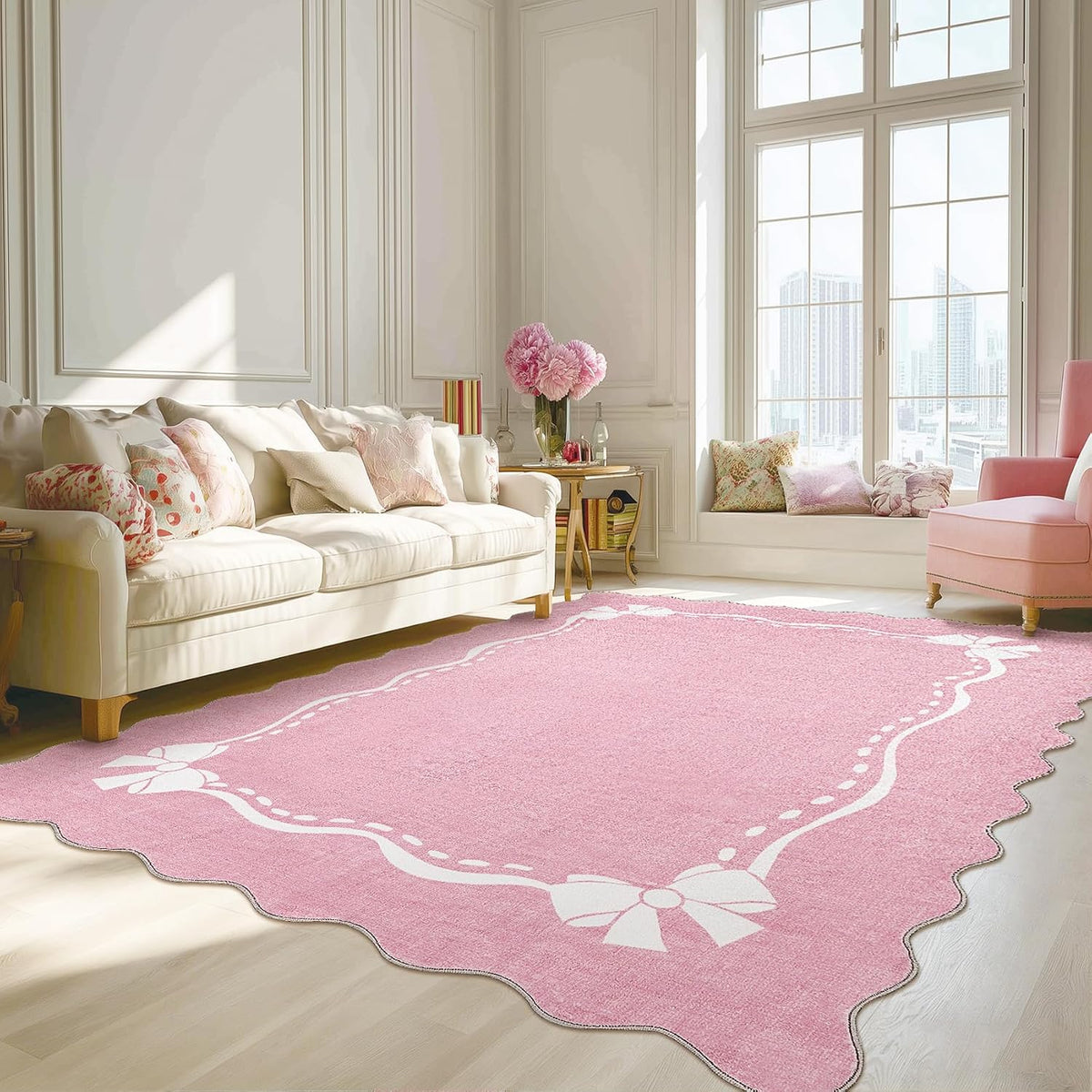 Pink Rugs for Bedroom Girls, 5x7 Bow Area Rugs for Living Room, Washable Non Slip Ultra-Thin Scalloped Carpet for Nursery Dorm Home Decor