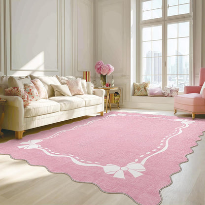 Pink Rugs for Bedroom Girls, 5x7 Bow Area Rugs for Living Room, Washable Non Slip Ultra-Thin Scalloped Carpet for Nursery Dorm Home Decor