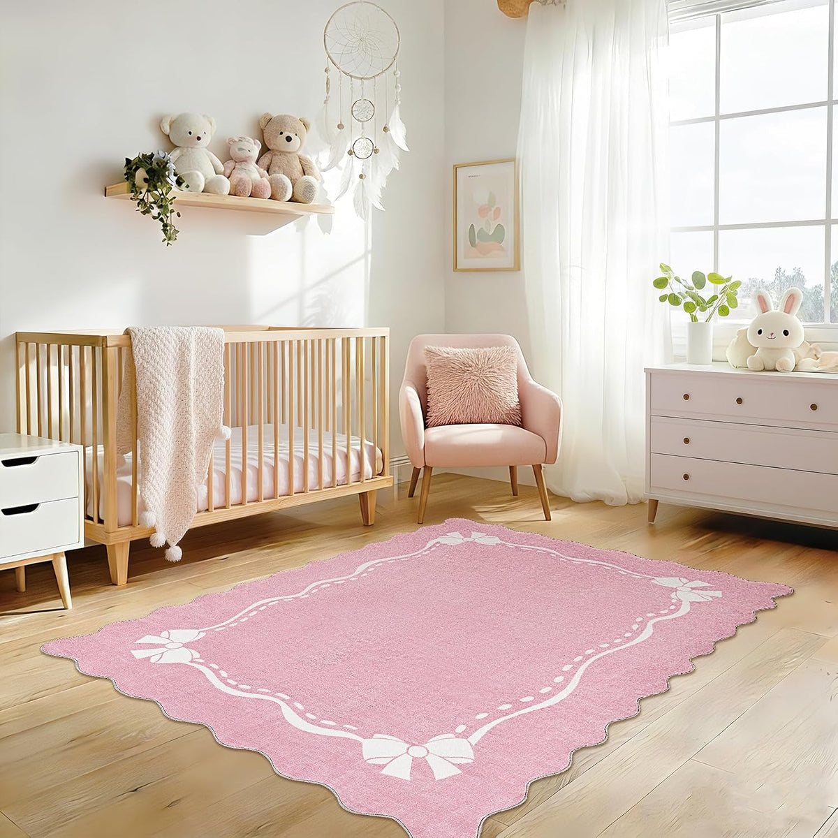 Pink Rugs for Bedroom Girls, 5x7 Bow Area Rugs for Living Room, Washable Non Slip Ultra-Thin Scalloped Carpet for Nursery Dorm Home Decor