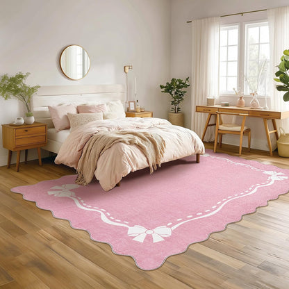 Pink Rugs for Bedroom Girls, 5x7 Bow Area Rugs for Living Room, Washable Non Slip Ultra-Thin Scalloped Carpet for Nursery Dorm Home Decor