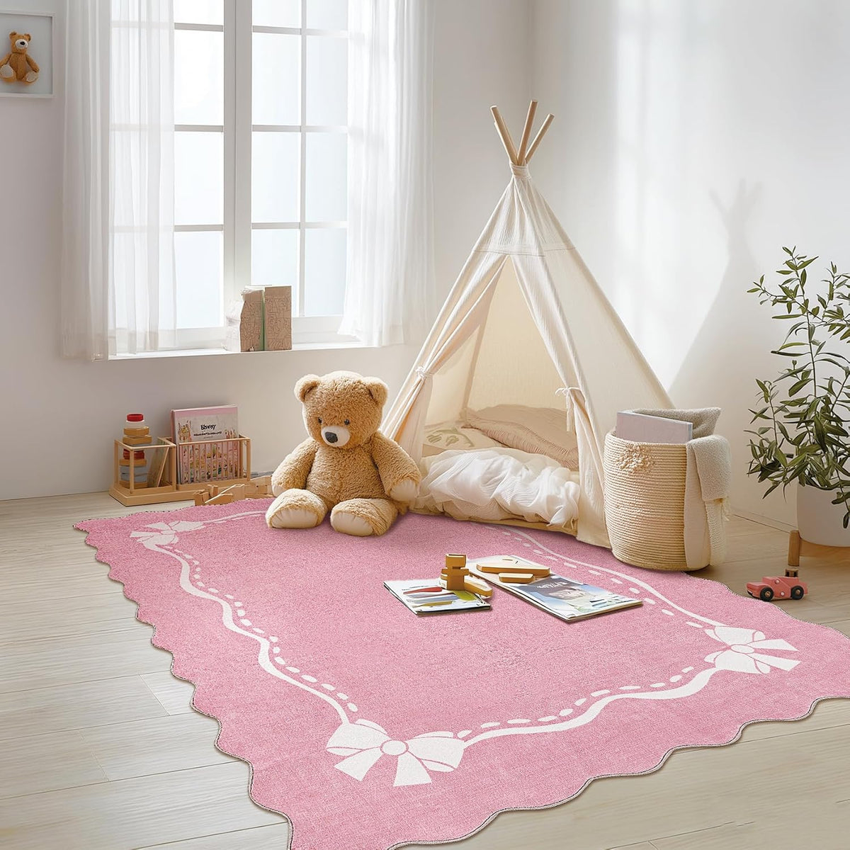 Pink Rugs for Bedroom Girls, 5x7 Bow Area Rugs for Living Room, Washable Non Slip Ultra-Thin Scalloped Carpet for Nursery Dorm Home Decor