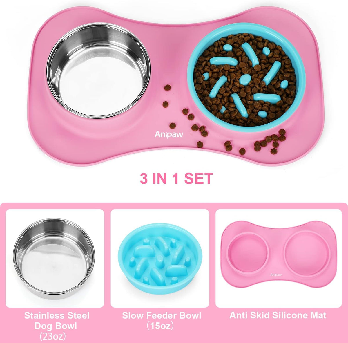 Slow Feeder Dog Bowls 3 in 1 Stainless Steel Food Water Bowl to Slow Eating