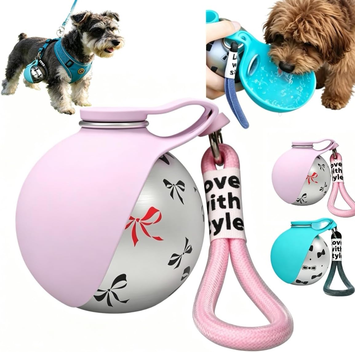 Your Pet Never Leave it,Portable Dog Water Bottle with Collapsible Bowl, 285ml Stainless Steel, Cute Bowknot Pattern for Outdoor Travel Hiking Walk(Pink)