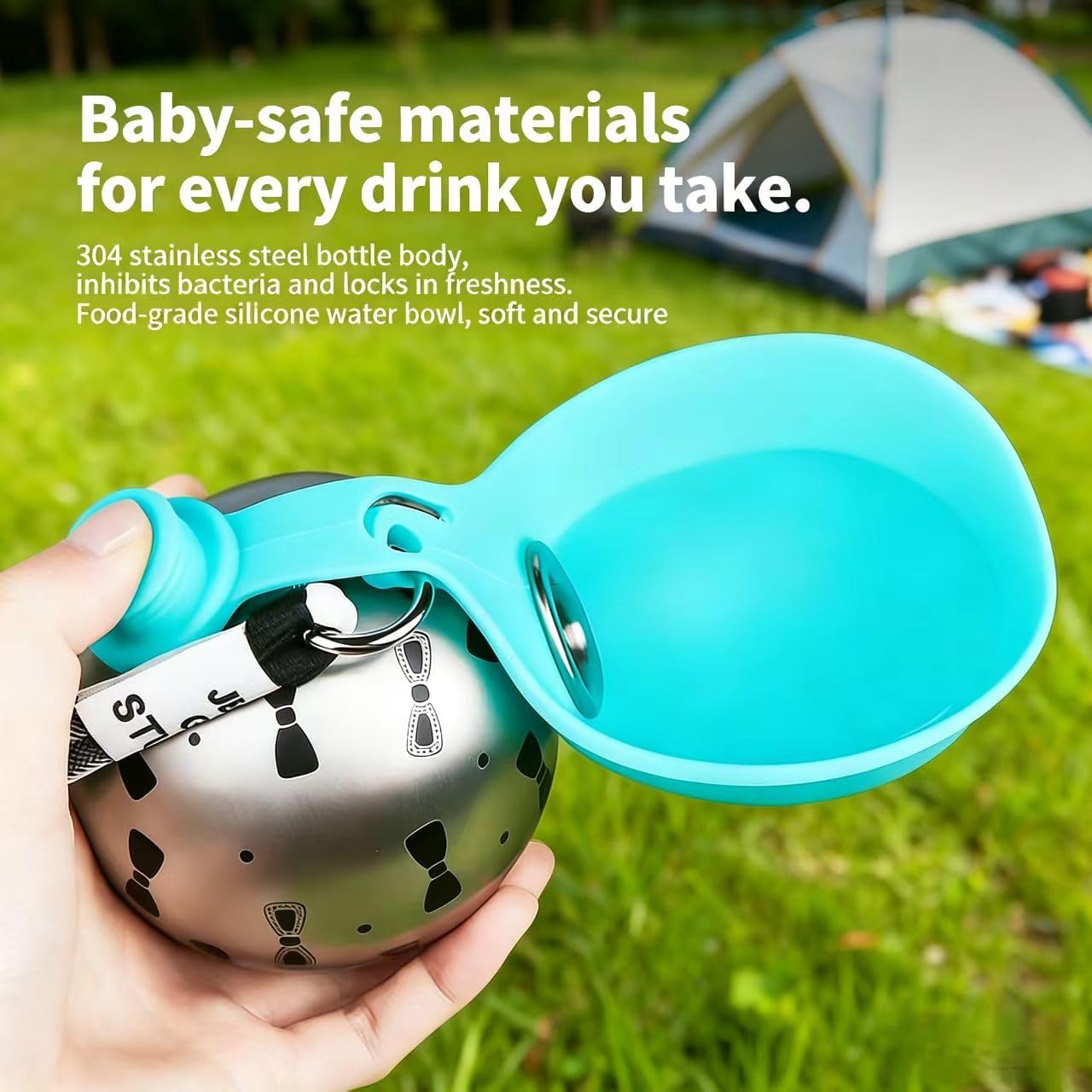 Your Pet Never Leave it,Portable Dog Water Bottle with Collapsible Bowl, 285ml Stainless Steel, Cute Bowknot Pattern for Outdoor Travel Hiking Walk(Pink)