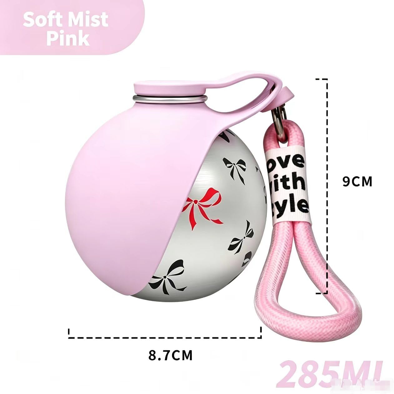 Your Pet Never Leave it,Portable Dog Water Bottle with Collapsible Bowl, 285ml Stainless Steel, Cute Bowknot Pattern for Outdoor Travel Hiking Walk(Pink)