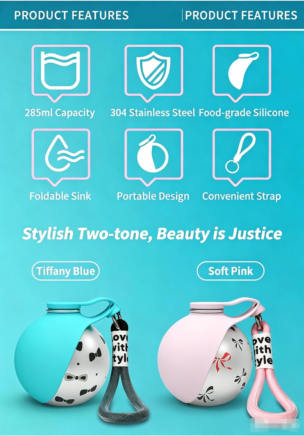 Your Pet Never Leave it,Portable Dog Water Bottle with Collapsible Bowl, 285ml Stainless Steel, Cute Bowknot Pattern for Outdoor Travel Hiking Walk(Pink)