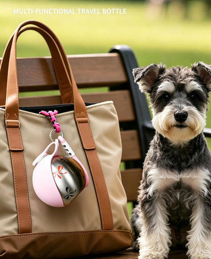 Your Pet Never Leave it,Portable Dog Water Bottle with Collapsible Bowl, 285ml Stainless Steel, Cute Bowknot Pattern for Outdoor Travel Hiking Walk(Pink)