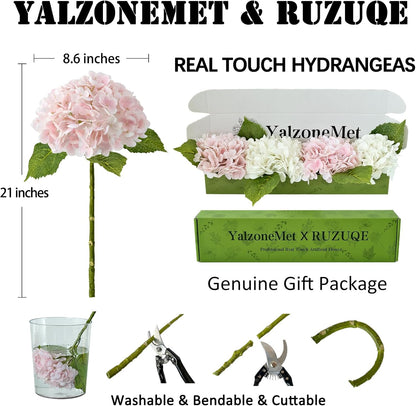 RUZUQE 4 Pcs Hydrangea Artificial Flower 2 White + 2 Pink 21'' Long Stem Lifelike Real Touch Hydrangea Latex for Home Kitchen Decoration Bridal Bouquet Wedding Outdoor Decor
