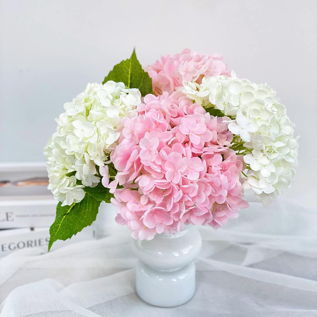 RUZUQE 4 Pcs Hydrangea Artificial Flower 2 White + 2 Pink 21'' Long Stem Lifelike Real Touch Hydrangea Latex for Home Kitchen Decoration Bridal Bouquet Wedding Outdoor Decor