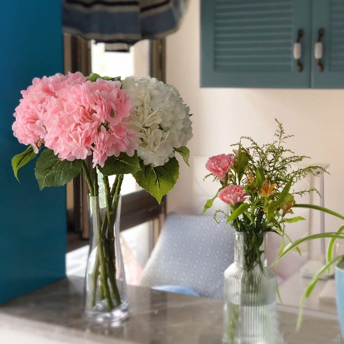 RUZUQE 4 Pcs Hydrangea Artificial Flower 2 White + 2 Pink 21'' Long Stem Lifelike Real Touch Hydrangea Latex for Home Kitchen Decoration Bridal Bouquet Wedding Outdoor Decor