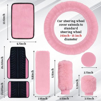 Car Seat Cover Full Set for Women with Floor Mats,3D Air Mesh Car Seat Cover with 5mm Composite Sponge Inside,Universal Fluffy Steering Wheel Cover, Accessories Full (Pink)