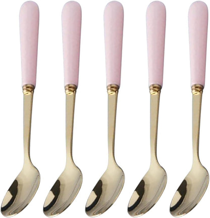5Pcs Golden Coffee Spoons, Marbled Ceramic Cutlery Set for Salad Fruit Cake Desserts Party Kitchen - Pink