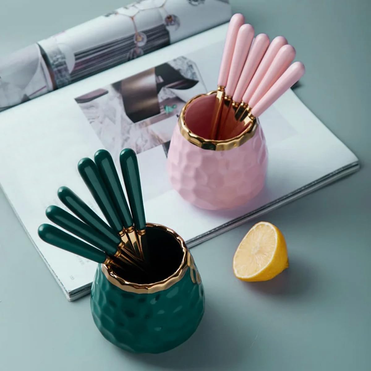 5Pcs Golden Coffee Spoons, Marbled Ceramic Cutlery Set for Salad Fruit Cake Desserts Party Kitchen - Pink