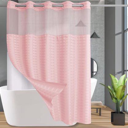 No Hook Shower Curtain with Snap in Liner Set, Hotel Luxury Pink Shower Curtains for Bathroom with See Through Top Window, Waterproof, Washable 71W x 74H
