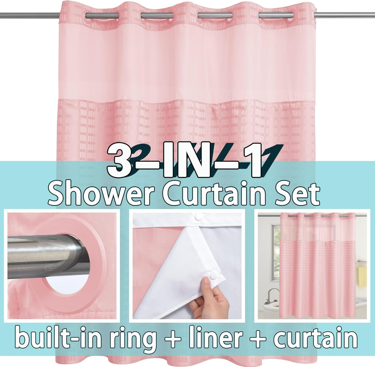 No Hook Shower Curtain with Snap in Liner Set, Hotel Luxury Pink Shower Curtains for Bathroom with See Through Top Window, Waterproof, Washable 71W x 74H