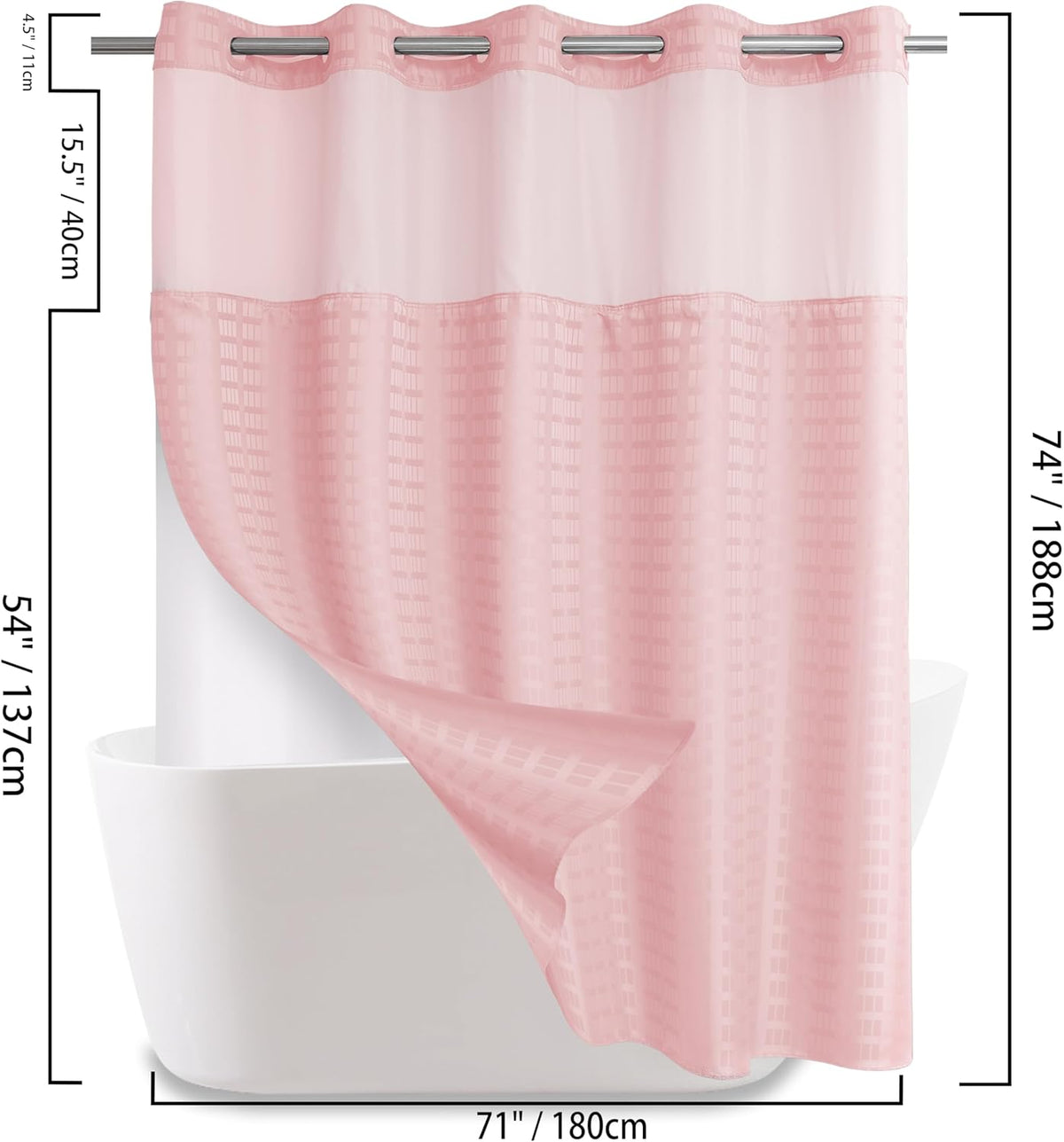 No Hook Shower Curtain with Snap in Liner Set, Hotel Luxury Pink Shower Curtains for Bathroom with See Through Top Window, Waterproof, Washable 71W x 74H