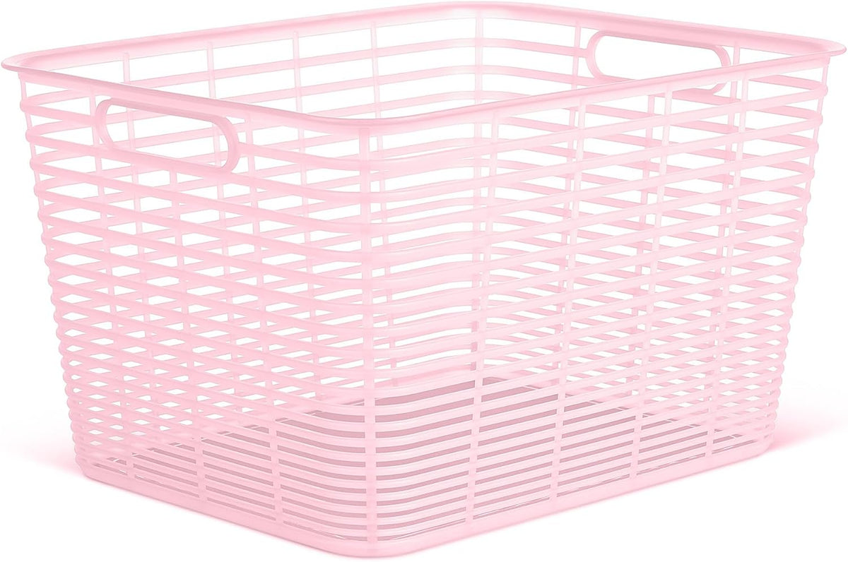 Set of 4 Large 18.8L Aria Decorative Plastic Organization and Storage Baskets - Perfect Bins for Home Office, Closet Shelves, Kitchen Pantry and All Bedroom Essentials, Pink