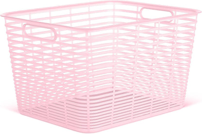 Set of 4 Large 18.8L Aria Decorative Plastic Organization and Storage Baskets - Perfect Bins for Home Office, Closet Shelves, Kitchen Pantry and All Bedroom Essentials, Pink