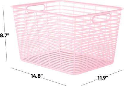 Set of 4 Large 18.8L Aria Decorative Plastic Organization and Storage Baskets - Perfect Bins for Home Office, Closet Shelves, Kitchen Pantry and All Bedroom Essentials, Pink
