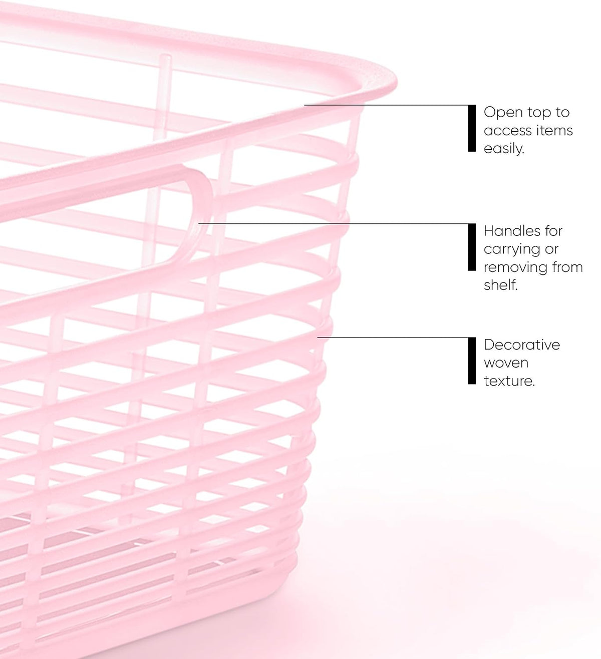 Set of 4 Large 18.8L Aria Decorative Plastic Organization and Storage Baskets - Perfect Bins for Home Office, Closet Shelves, Kitchen Pantry and All Bedroom Essentials, Pink