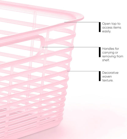 Set of 4 Large 18.8L Aria Decorative Plastic Organization and Storage Baskets - Perfect Bins for Home Office, Closet Shelves, Kitchen Pantry and All Bedroom Essentials, Pink