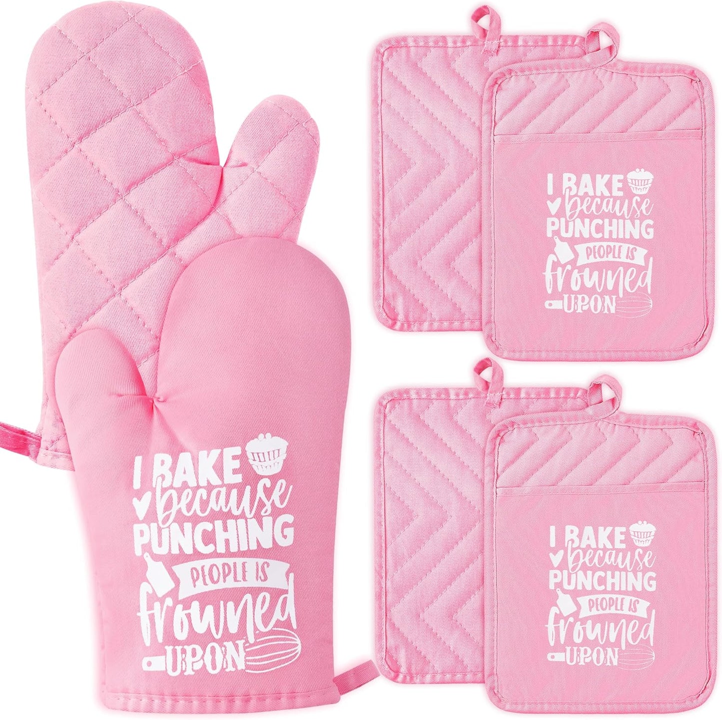 6Pcs Cotton Oven Mitts Pot Holders Funny Women Resistant Hot Pads Machine Washable Microwave Gloves with Hanging Loop Pocket Potholder for Kitchen Baking Cooking GrillingPink