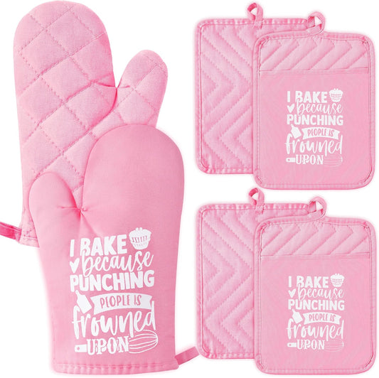 6Pcs Cotton Oven Mitts Pot Holders Funny Women Resistant Hot Pads Machine Washable Microwave Gloves with Hanging Loop Pocket Potholder for Kitchen Baking Cooking GrillingPink