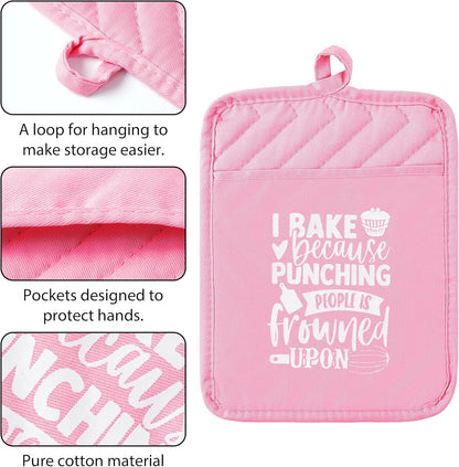6Pcs Cotton Oven Mitts Pot Holders Funny Women Resistant Hot Pads Machine Washable Microwave Gloves with Hanging Loop Pocket Potholder for Kitchen Baking Cooking GrillingPink