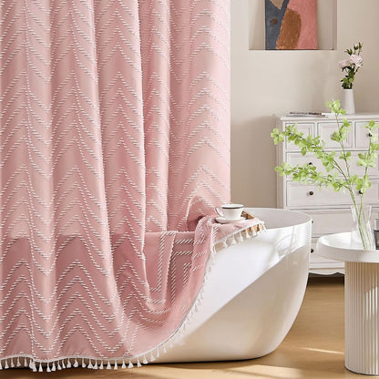 Pink Shower Curtain with Tassel Woven Fabric Boho Shower Curtain Cute Farmhouse Textured Tufted Chevron Striped 72 x 72 Bathroom Shower Curtain