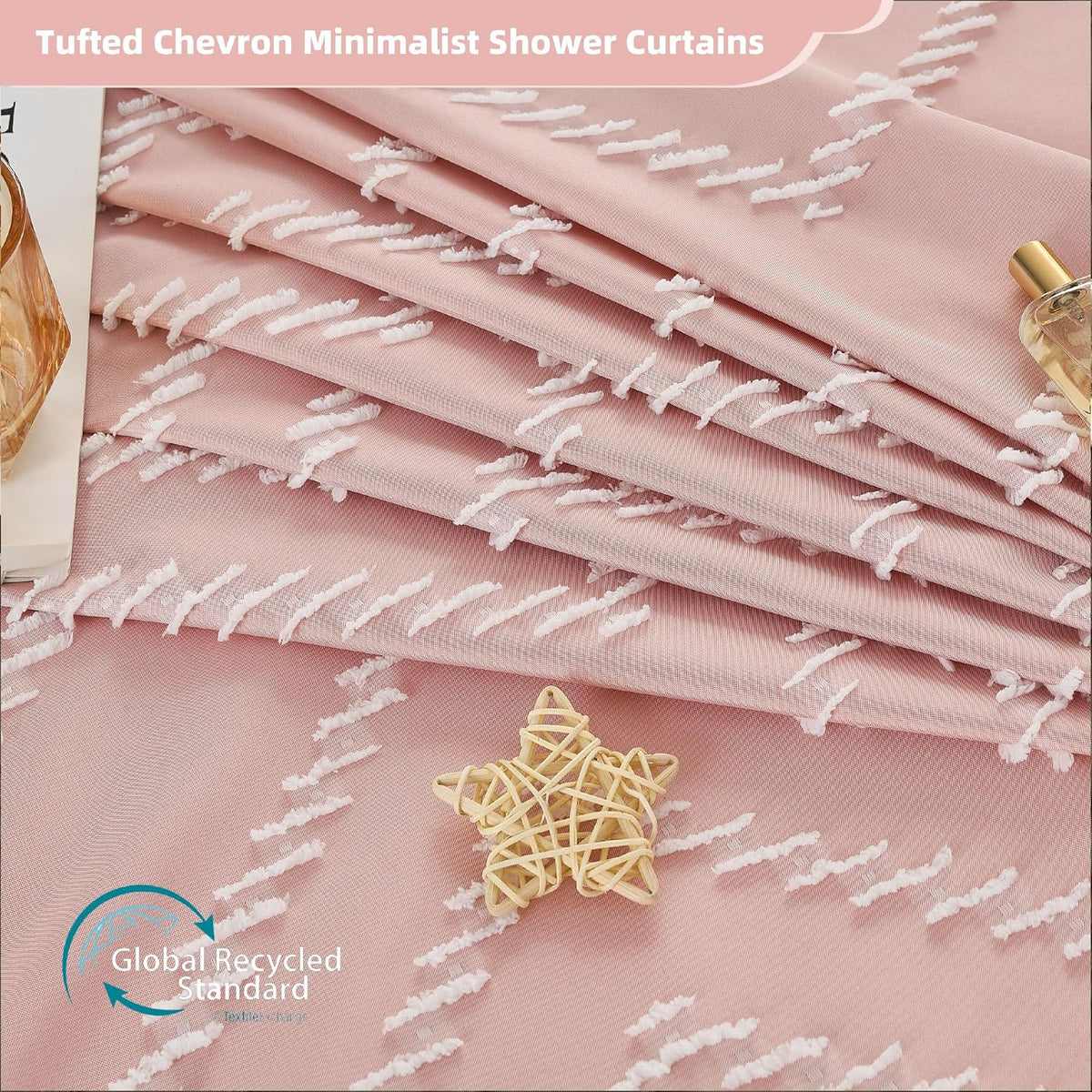 Pink Shower Curtain with Tassel Woven Fabric Boho Shower Curtain Cute Farmhouse Textured Tufted Chevron Striped 72 x 72 Bathroom Shower Curtain