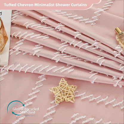 Pink Shower Curtain with Tassel Woven Fabric Boho Shower Curtain Cute Farmhouse Textured Tufted Chevron Striped 72 x 72 Bathroom Shower Curtain