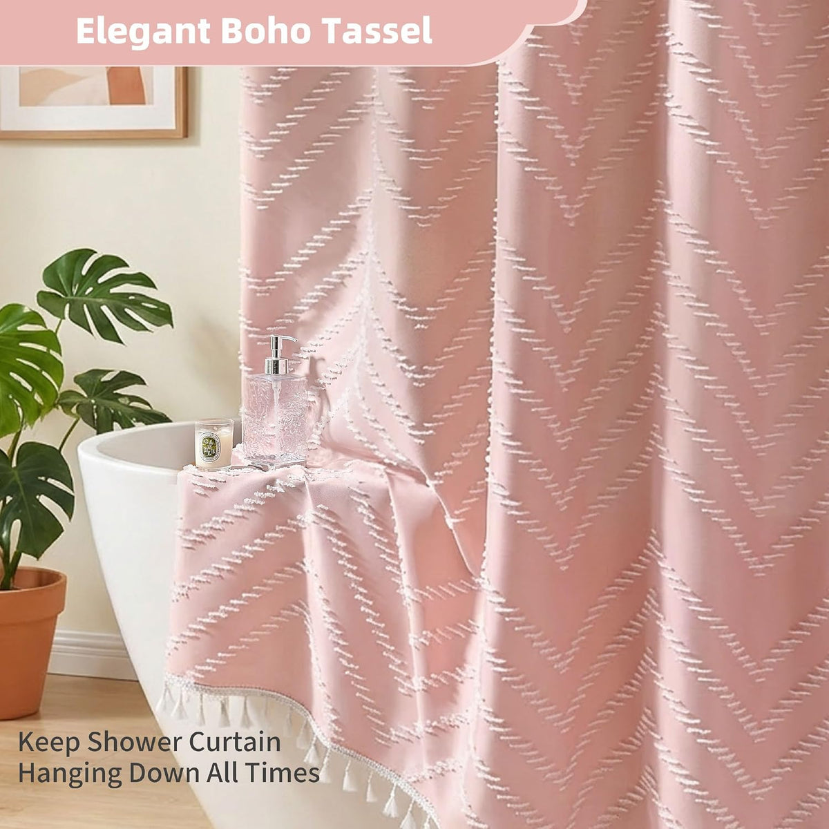 Pink Shower Curtain with Tassel Woven Fabric Boho Shower Curtain Cute Farmhouse Textured Tufted Chevron Striped 72 x 72 Bathroom Shower Curtain