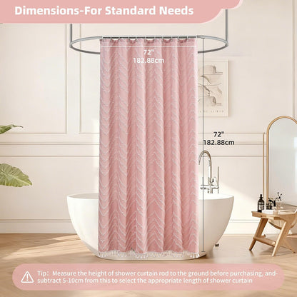 Pink Shower Curtain with Tassel Woven Fabric Boho Shower Curtain Cute Farmhouse Textured Tufted Chevron Striped 72 x 72 Bathroom Shower Curtain