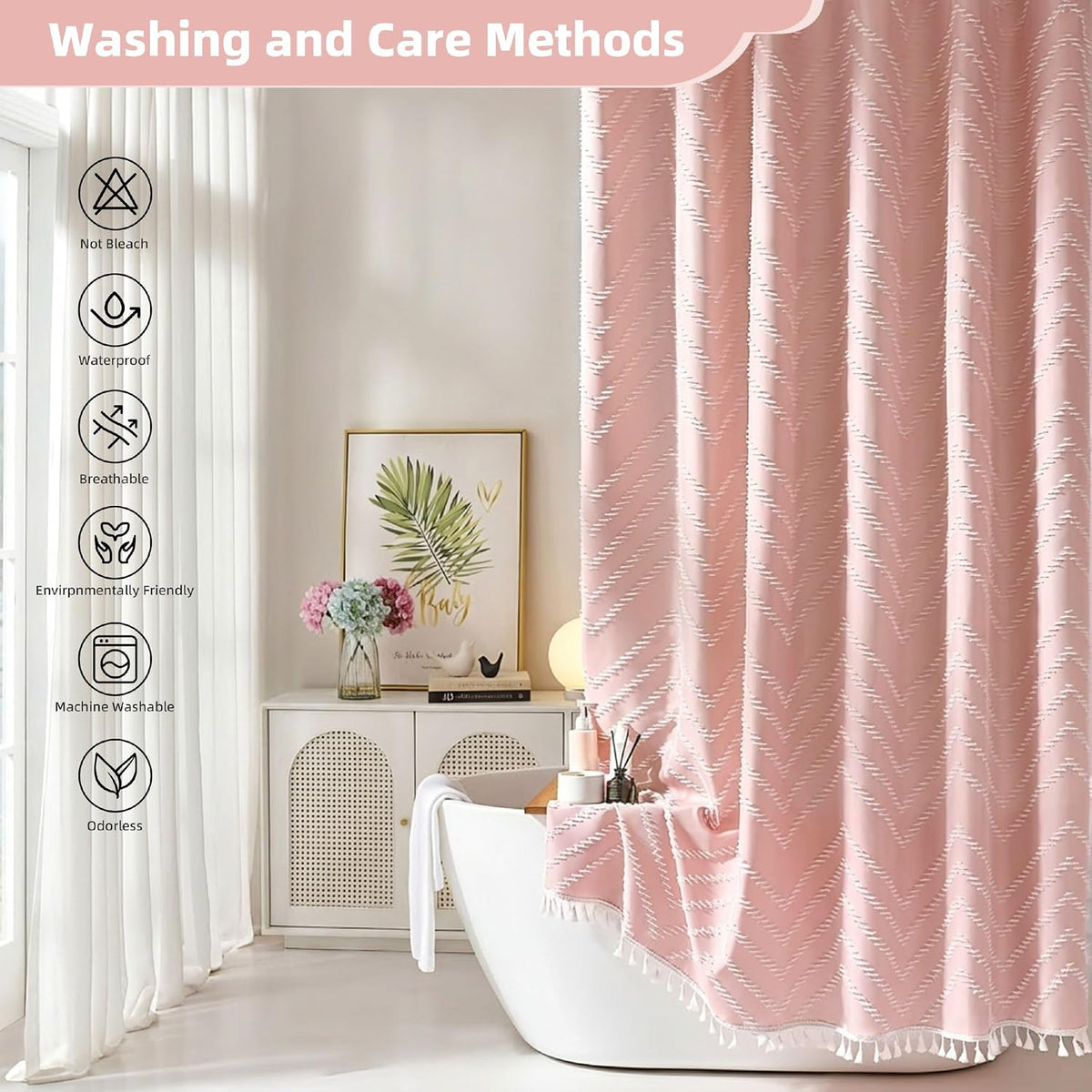 Pink Shower Curtain with Tassel Woven Fabric Boho Shower Curtain Cute Farmhouse Textured Tufted Chevron Striped 72 x 72 Bathroom Shower Curtain