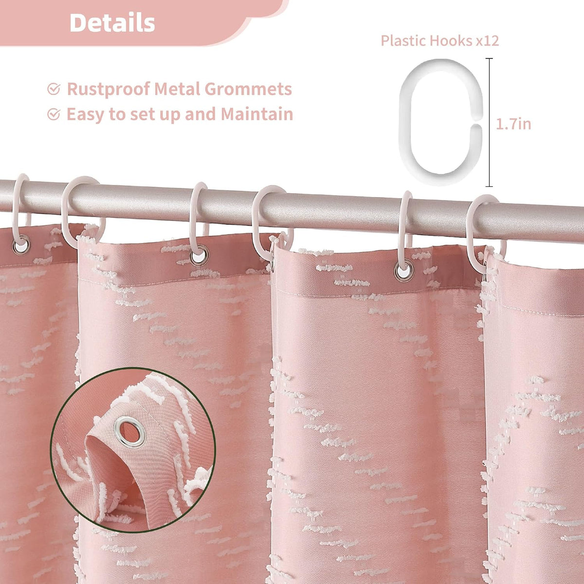 Pink Shower Curtain with Tassel Woven Fabric Boho Shower Curtain Cute Farmhouse Textured Tufted Chevron Striped 72 x 72 Bathroom Shower Curtain