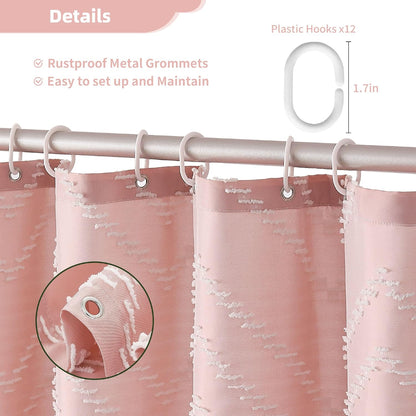 Pink Shower Curtain with Tassel Woven Fabric Boho Shower Curtain Cute Farmhouse Textured Tufted Chevron Striped 72 x 72 Bathroom Shower Curtain
